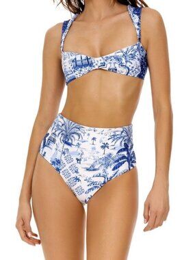 Agua Bendita LARGE Malory & Alicia Tales Bikini Set Blue White Toile High Waist